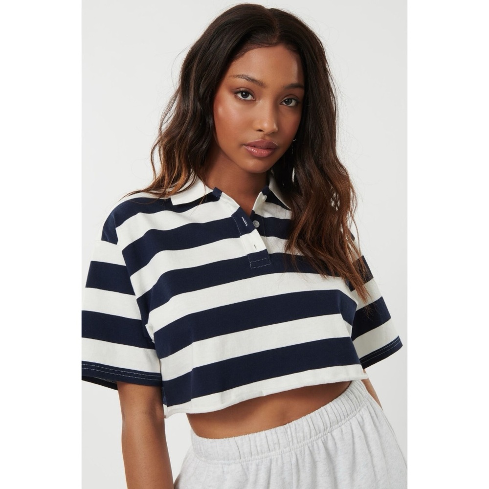 Garage Oversized Collared Crop Polo Tee in White & Blue Stripes Women’s Size L